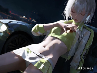 ピットレーンのライトの下で、彼女は夜に身をかがめます - 彼のグリップが唯一重要なラップを設定します。